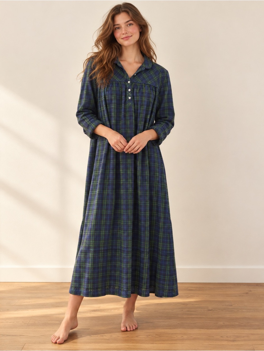 L.L.Bean Scotch Plaid Flannel Nightgown S Petite 100% Cotton Navy Green
